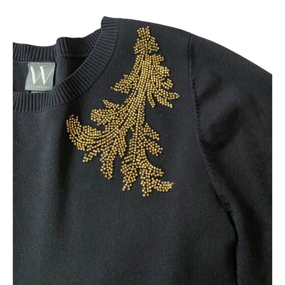 Worthington Womens Embroidered Black Sweater Bishop Sleeve Large - Picture 3 of 10